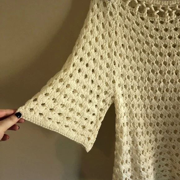 Chico’s Cream Open Knit Three-Quarter Sleeve Linen Blend Crochet Sweater - Picture 4 of 8